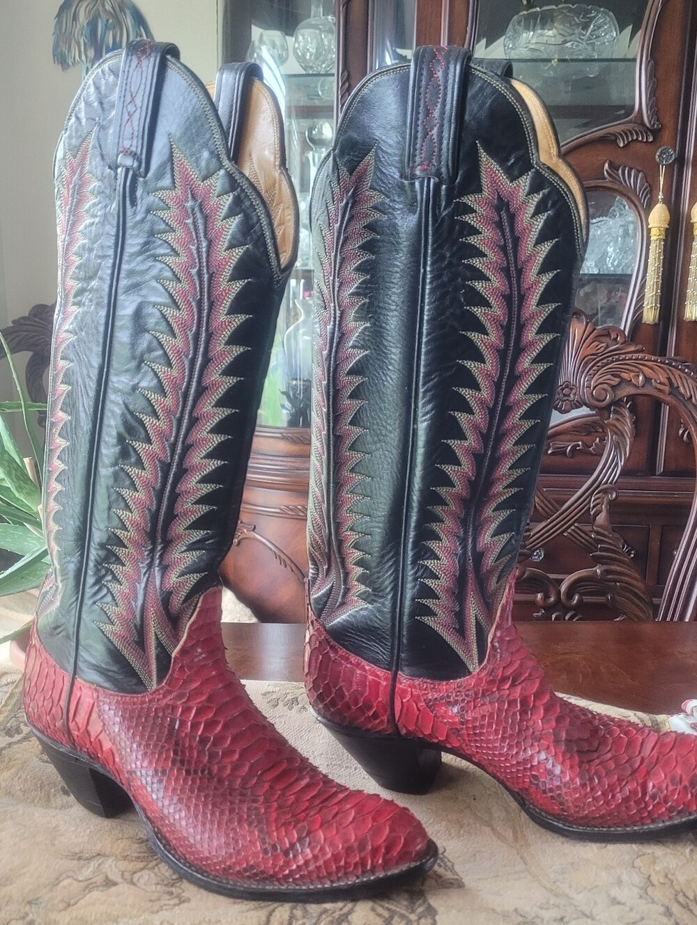 Vintage Tony Lama, womens, 7.5B, Red Snake skin/Black leather Tall western boot.